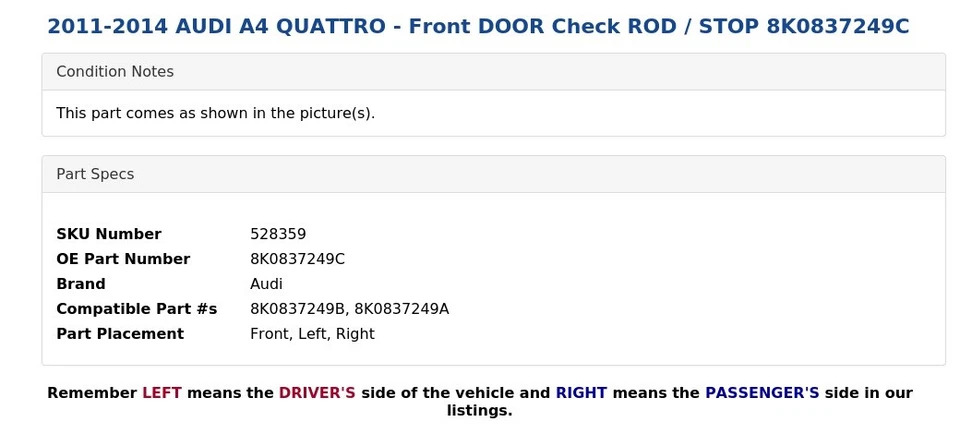 AUDI A4 QUATTRO 2011-2014 - PUERTA DELANTERA barra de control/parada 8K0837249C Foto 4 de 4