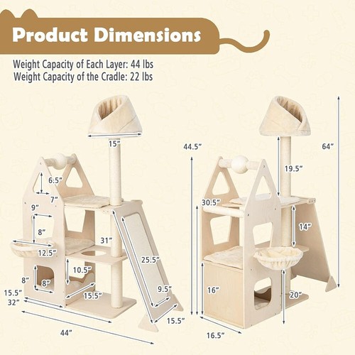 64in Cat Tree, Wooden Cat Tower Cat Activity Center with Washable Mats - Picture 2 of 5