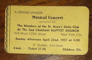 1951 2nd CAANAN BAPTIST Church of Harlem Concert Ticket - St. Mary's Unity Club