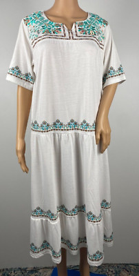 NWT White Embroidered Tiered Dress Size L Women's Turquoise Floral NEW Midi FLAW