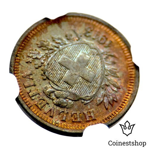 1913 B Switzerland NGC Bronze 1 Rappen MS 64 BN - Picture 8 of 8