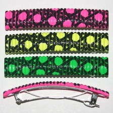 Women Barrette Long Hair Clip Black Neon Color Polka Dot Vintage Made in France
