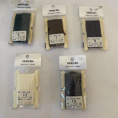 5 x Mokuba Embroidery Ribbons Made In Japan No's 5, 7, 9, 12, 15, Bulk Lot NEW