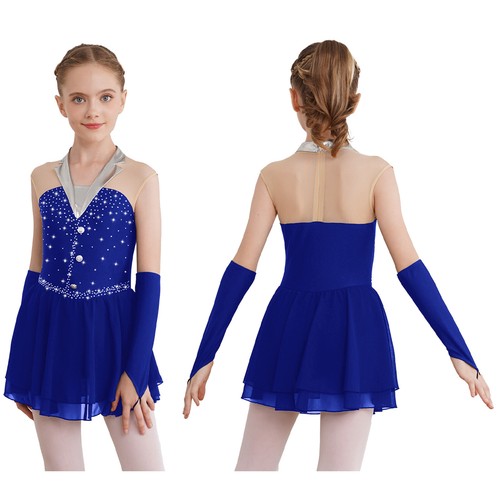 Kids Girls Figure Ice Skating Dress and Gloves Dance Gymnastic Leotard Dancewear - Picture 35 of 63