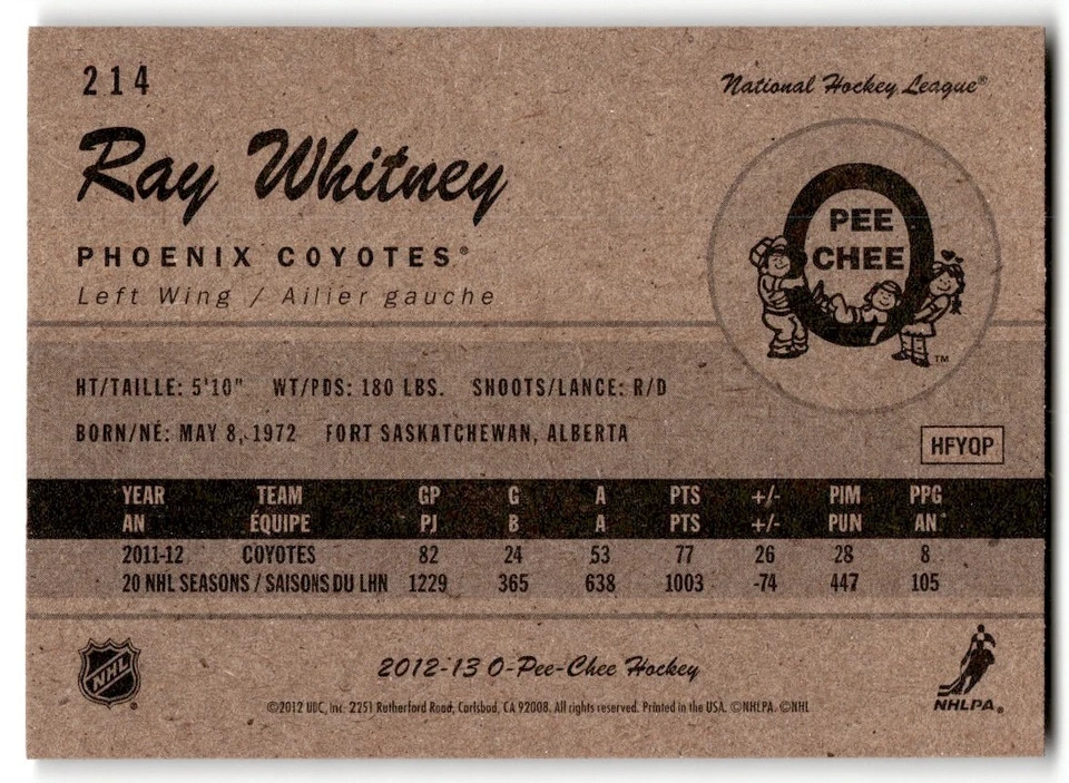 Ray Whitney 2012-13 O-Pee-Chee Retro #214 Phoenix Coyotes - Image 2 of 2