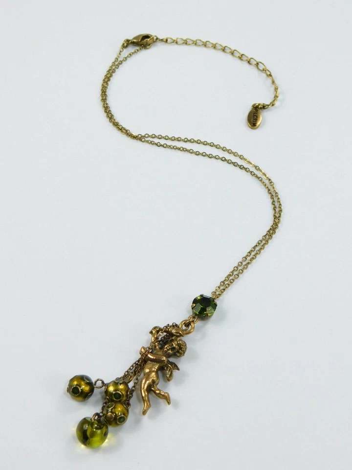 PILGRIM Bronze Tone Green Enamel Crystal Angel Cherub Charm Dangle Necklace 17" - Image 3 of 4