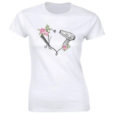 Cosmetology Love with Hairdryer Scissors Comb Image Graphic T-Shirt for Women