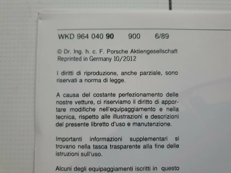 OEM Betriebsanleitung Handbuch Porsche 911 964 Carrera 2/4 1989/1990 italienisch - Bild 3 von 4