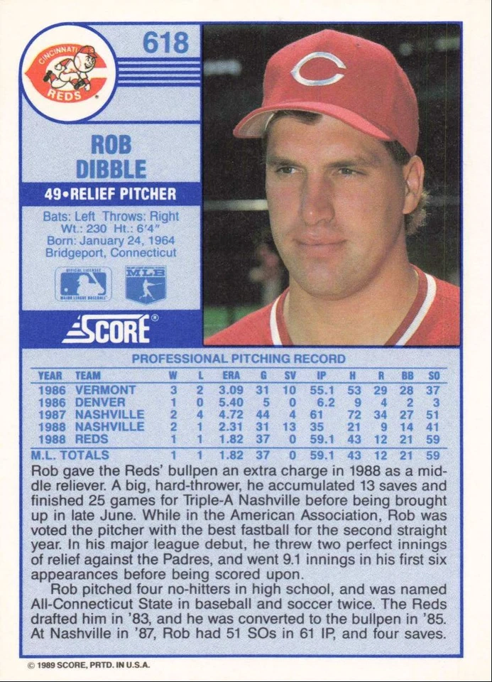 1989 Score Baseball Rookie Card Rob Dibble Cincinnati Reds #618 - Image 2 of 2