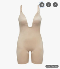 SPANX Women s Beige M Plunge Low-Back Mid-Thigh Bodysuit Firm Control