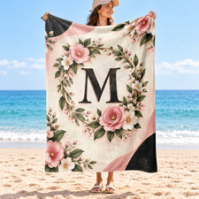Floral Monogram M Coral Fleece Blanket Initial Decor