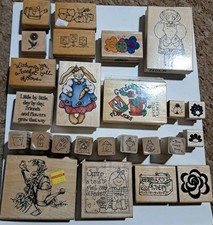 Lot 25 Wooden Rubber Stamps Garden Flowers Bunny Ladybugs Birdhouses Spring