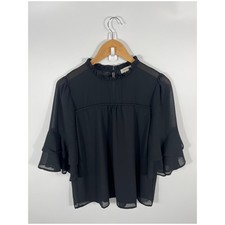 Womens Top L Black Sheer Flare Sleeve Ruffle Whimsigoth Dark Fairy Goth Feminine