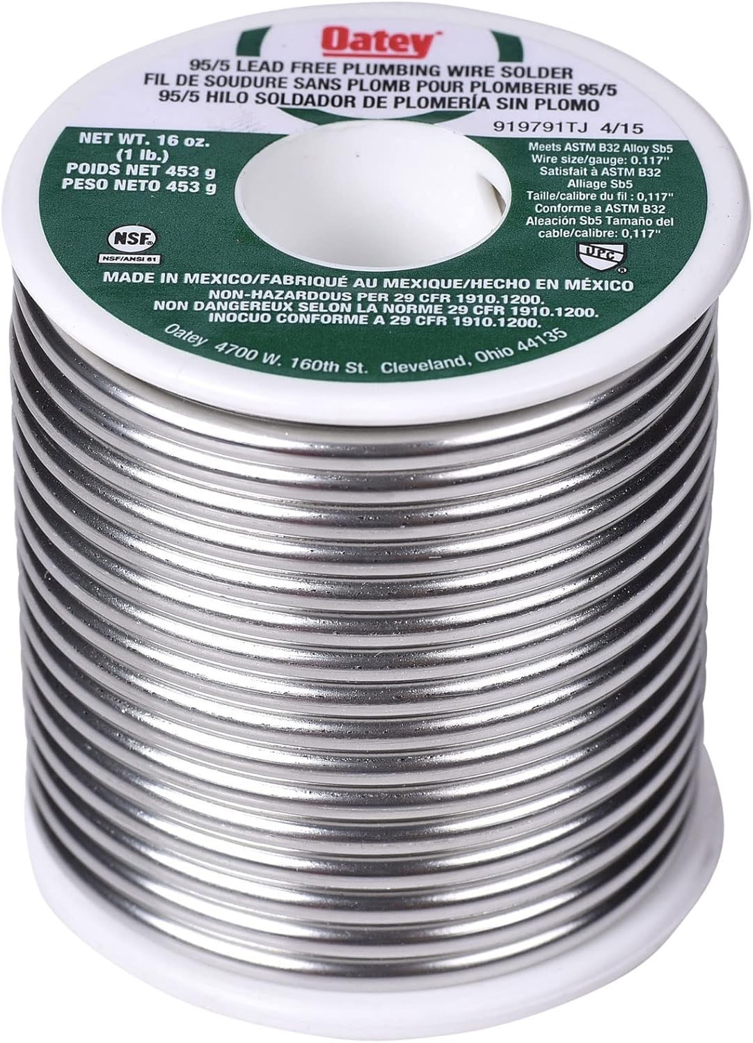 Oatey 22017 Solder 1 lb. 1/8" 95/5 Tin Antimony Lead-Free Potable Water