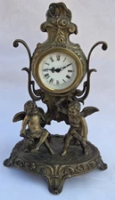 Antique French Rococo Cherub Brass Mantle Clock Made In France Heavy 9.5"