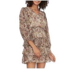 Vince Camuto Tan Brown Gold Paisley Billow Sleeve Mini Dress NWT XL Extra Large