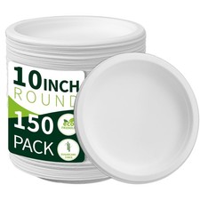 10 Inch Compostable Paper Plates White 150 Pack , 100 Sugarcane B