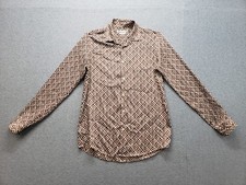 ZARA Women Shirt Top S Brown Geometric Scallop Print Long Sleeve Button Down