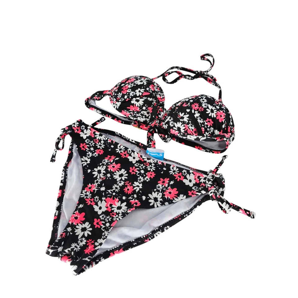 California Waves Womens Sz M Bikini Swimsuit Set Black w/ Pink and White Flowers - Image 2 of 4