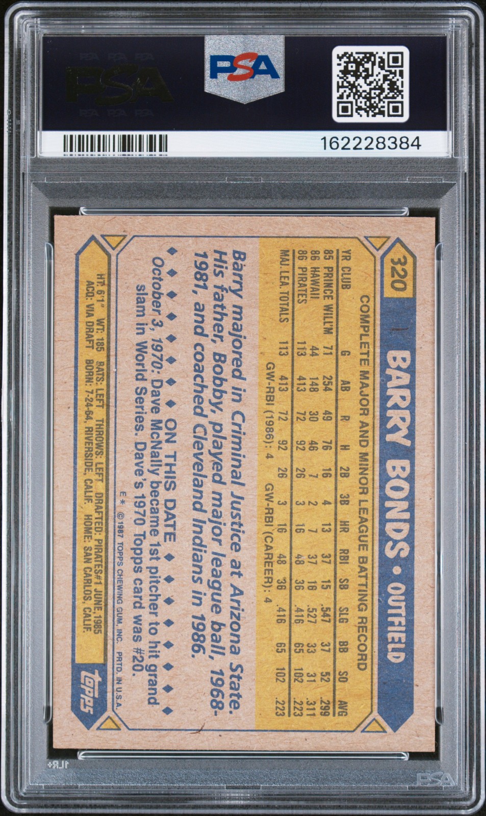 1987 TOPPS #320 BARRY BONDS ROOKIE RC PSA 4 view 2