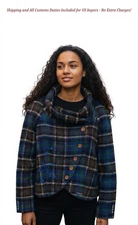 Desigual Mula Women's Coat EU38 Blue Checked Wool Blend Logo Detail Embroidered