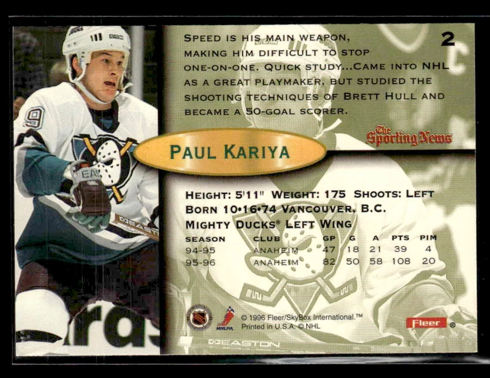 1996-97 Fleer - #2 Paul Kariya - Anaheim Mighty Ducks - Image 2 of 2