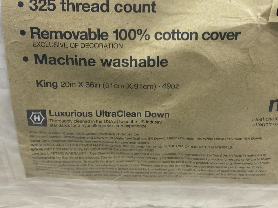 Charter Club 360 Chamber Feather Down (1) King Pillow Medium / Firm Density New - Image 4 of 4