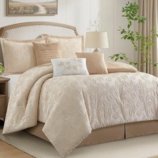 7 Pieces Beige Gold Comforter Set, King Size, Jacquard with Matching Solid