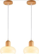 Modern Milky Glass Pendant Light 2-Pack Adjustable Ceiling Wooden Base E26 NEW