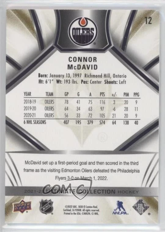 2021-22 Upper Deck Ultimate Collection Gold /35 Connor McDavid #12 - Image 2 of 2