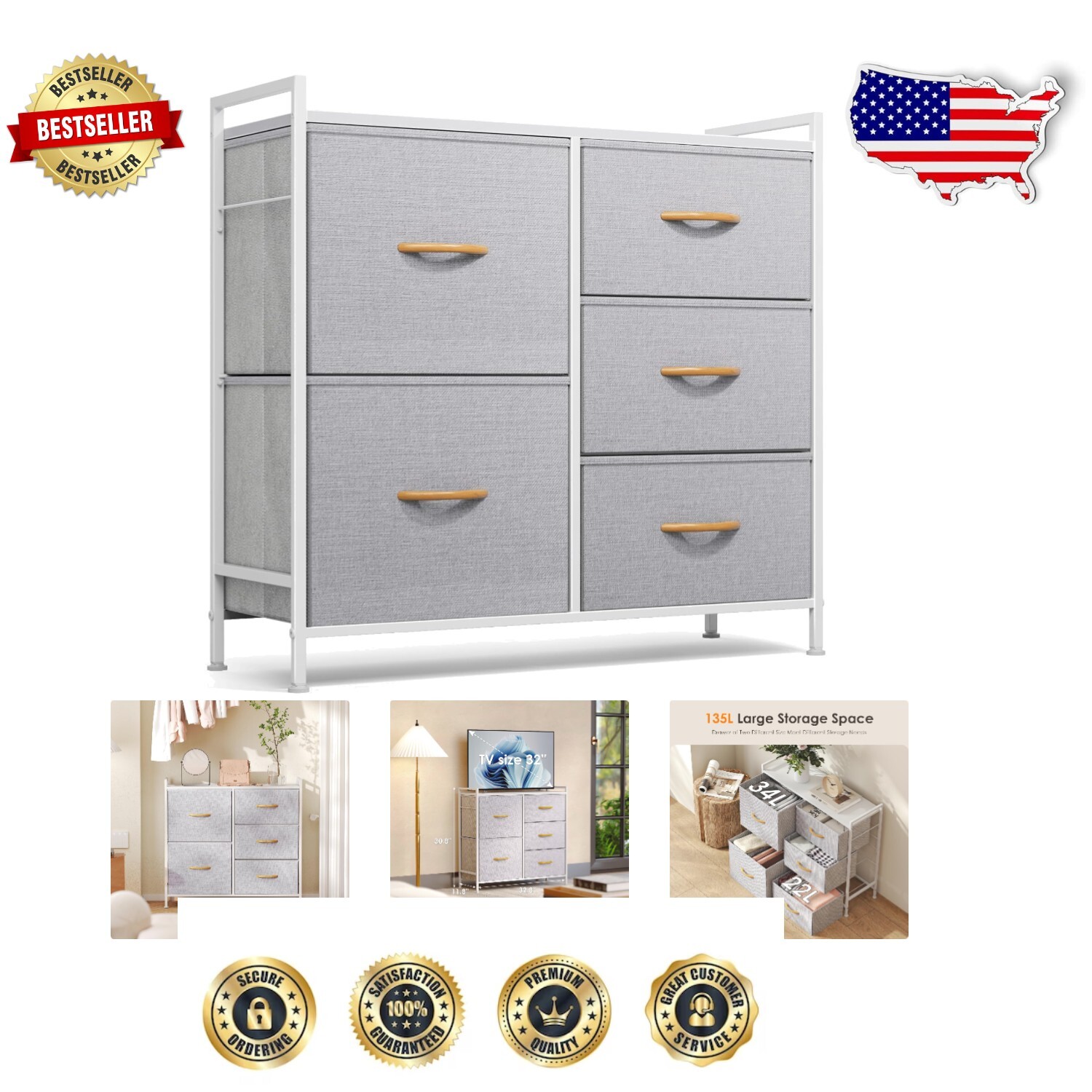 Lightweight Freestanding Dresser with 5 Drawers for Kids & Home Office Storage