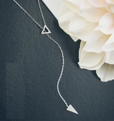 Pave Cubic Zirconia Triangle Silver SP Tassel Pendant Necklace | eBay