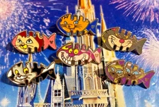 🐟 Disney Cat Fishbone Pin Set of 6 Hidden Mickey Pins - Lucifer Cheshire Figaro
