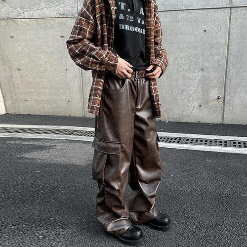 Men Casual Trousers Loose Straight Retro Wide-leg Workwear PU Leather Long Pants - Picture 2 of 19
