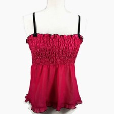 Secret Treasures Nighty Top Medium Pink/Black Bow Accents Semi Sheer Crinkle Hem