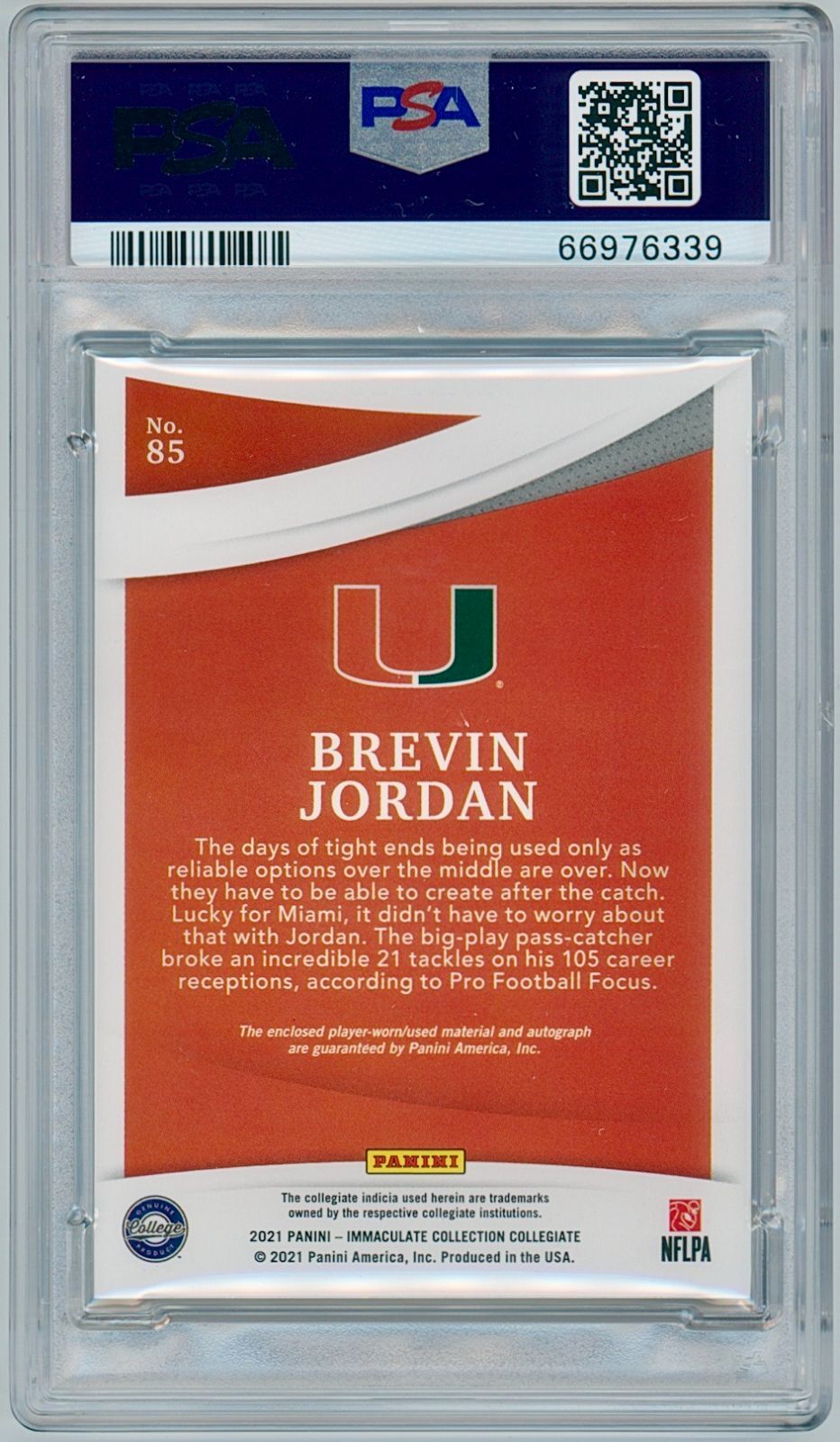 2021 Immaculate Collegiate #85 Brevin Jordan RPA Rookie Auto # /99 | PSA 8 view 2