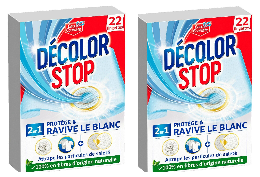 LOT DE 2 EAU ECARLATE ""Décolor Stop Ravive Le Blanc"" Lingettes Anti-Décoloration