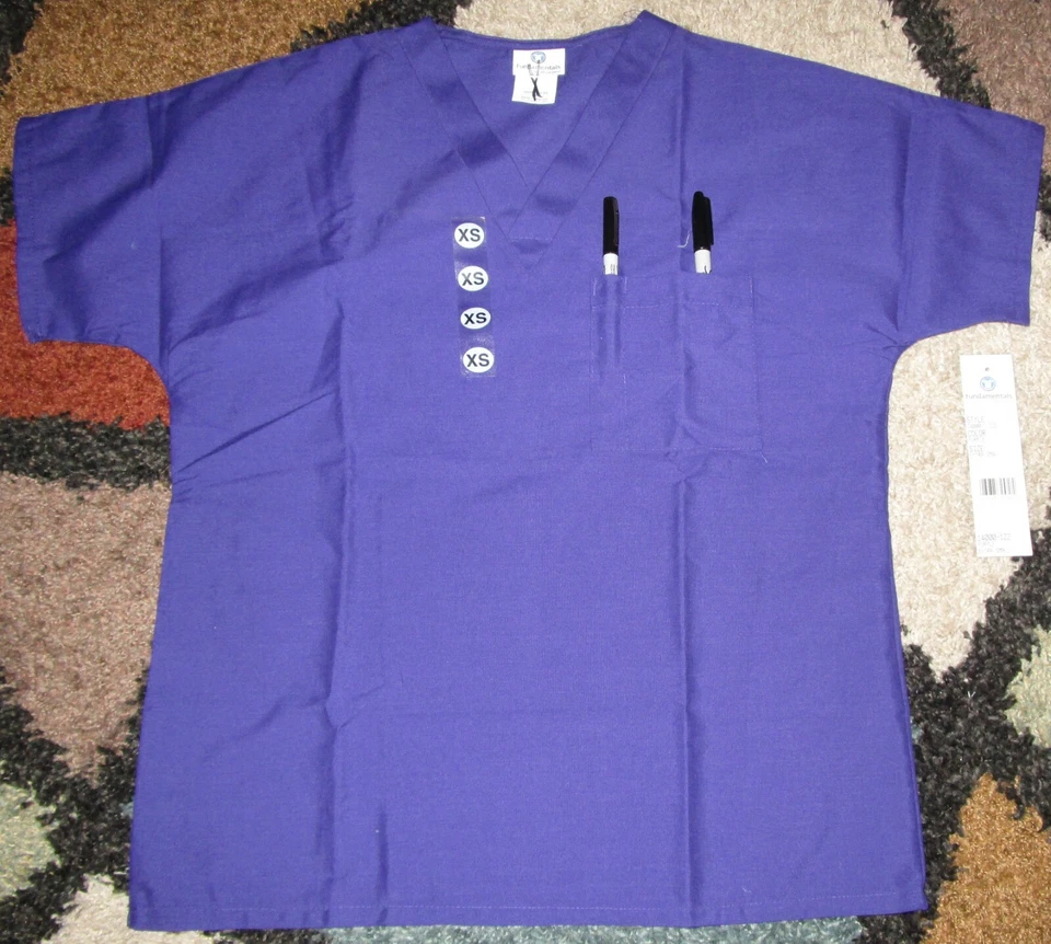 3 Pc White Swan Unisex V Neck Top Pocket Scrub Top Sz XS 14000 Purple - Image 2 of 4