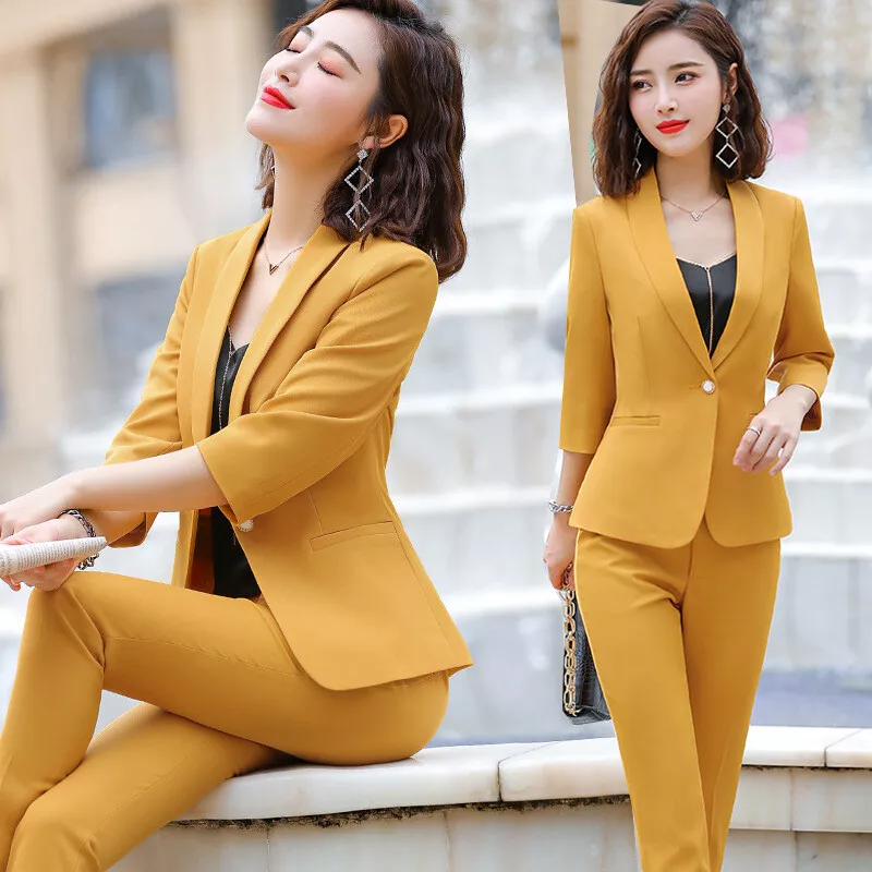 new yellow summer business office pant and blazer 2 piece set outfits for  work