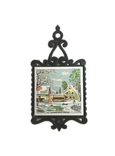 Vintage Cast Iron Tile Trivet The Farmers Home In Winter 10x5" Japan 