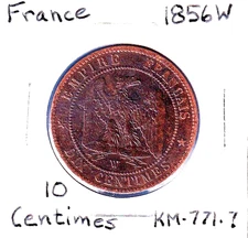 1856W France 10 Centimes (KM-771.7) Bronze [Napoleon III] Lille Mint  [eagle]