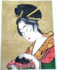 Needlepoint Hand Painted Canvas by Lee Japanese Geisha 21" L by 16" W WH1138