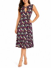 Diane von Furstenberg Geometric Print Faux Wrap Dress Keyhole Neck Sz 10