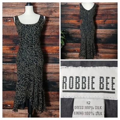 Robbie Bee Vintage Silk Midi Dress Size 12 Black Tan Abstract Floral Retro Flare