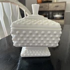 Vintage Fenton White Milk Glass Hobnail Square On Pedestal Candy Dish