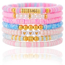Friendship Bracelets Trendy Heishi Clay Bead Bracelets Stack Gold Pink Blue