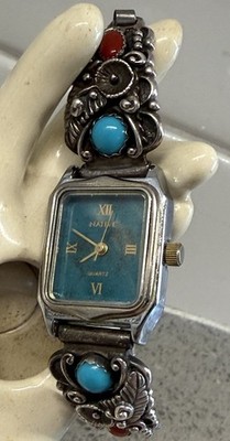Native American 925 Sterling Womens Blue Turquoise Coral Watch 28G