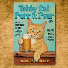 Orange Tabby Cat Beer Sign Purr & Pour funny metal tin ginger home bar wall art