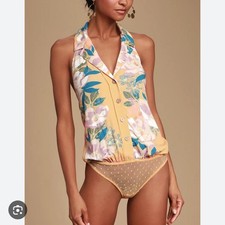 Free People Yellow Off Shore Yellow Floral Low Back Button Front Halter Bodysuit