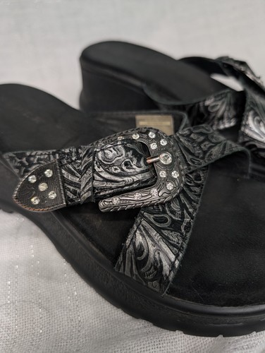 Roper Chunky Western Sandals Women 9 Black Rhinestone Buckle Strap Slip On - Picture 2 of 11